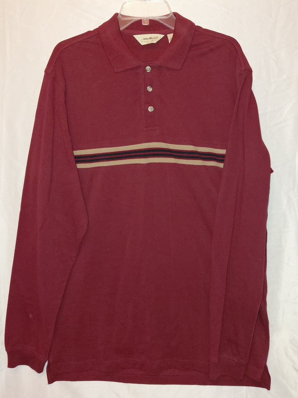 Eddie Bauer Long Sleeve Polo in Burgundy with Tan and Black Stripes #2628